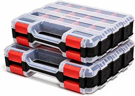 2Pack Small Parts Tools Box, Double Side Storage Case with 34 Compartments, Portable Hardware Storage Box Organizer for Screws Nuts Nails Bolts (Red)