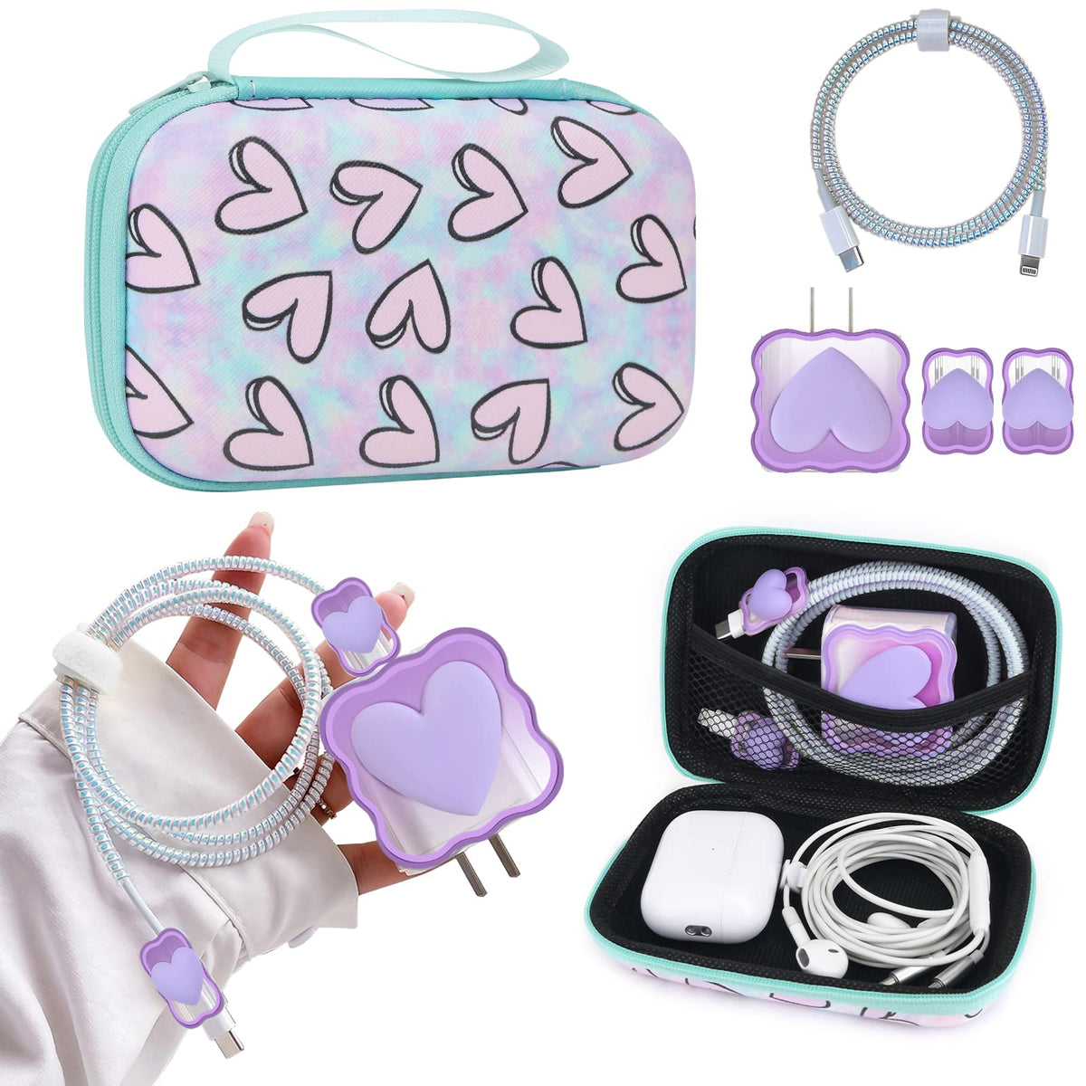 Cute Phone Charger Protector Set with Storage bag Case Yellow Sunflowers Travel Carrying Bag Data Cable 20W USB Charger Data Line Cable Protector Cord Organizer, Lightning Cable Chomper,Charger Saver