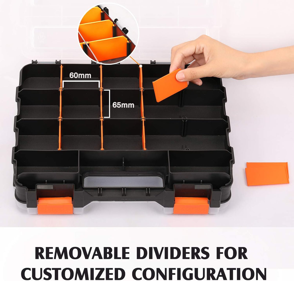 MIXPOWER 34-Compartments Double Sided Organizer with Impact Resistant Polymer and Customized Removable Plastic Dividers, Storage and Carry, Black/Orange