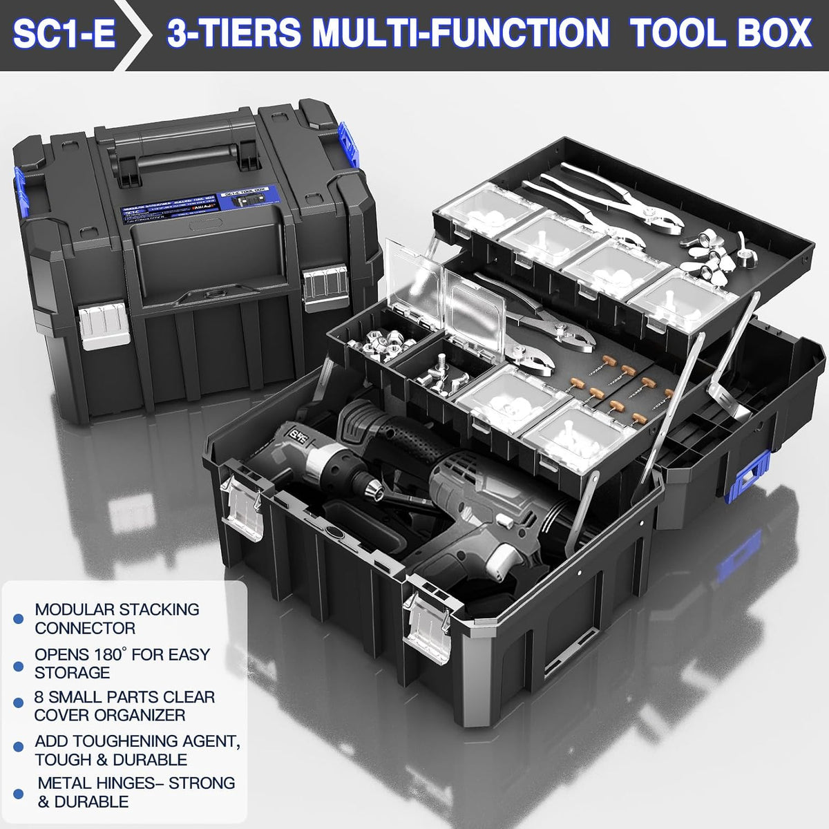AIRAJ 5 Tier Stackable Tool Box with Wheels, Rolling Tool Box Organizer