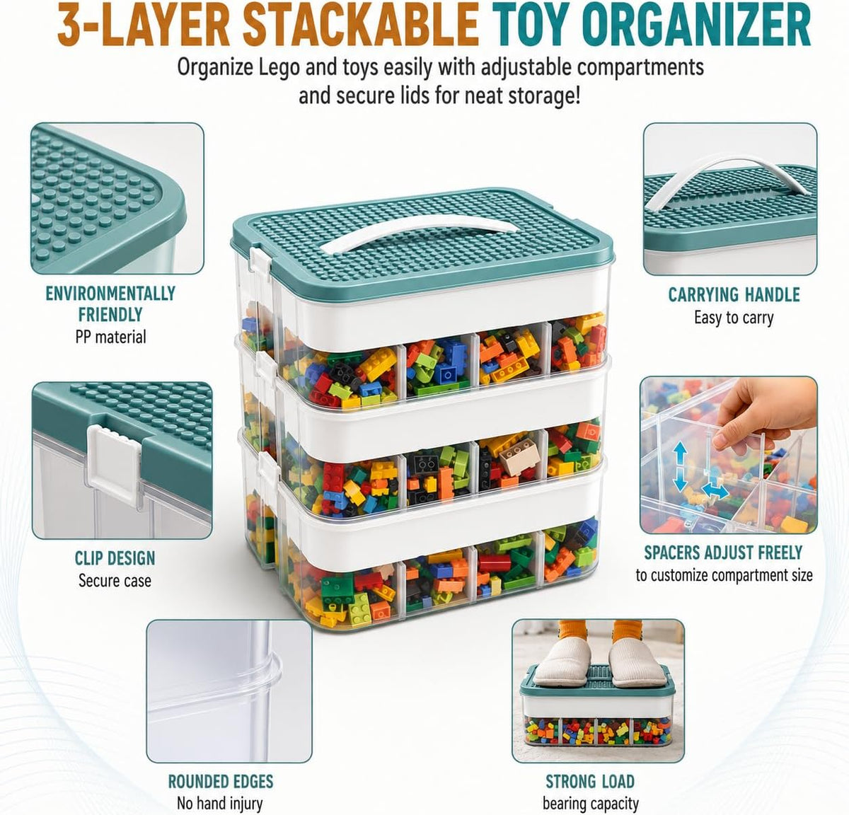 3-Tier Stackable Toy Storage with Building Block Lid & Bricks Organizer