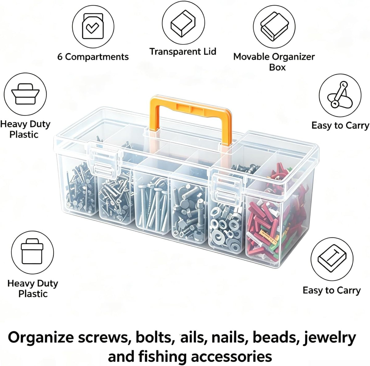 Small Parts Organizer Box with Transparent Lid 2‑Pack, 6-Compartments Movable Organizer Box with for Hardware, Screws, Bolts, Nails, Beads, Jewelry and Fishing Small Accessories, NOT for Large Tools