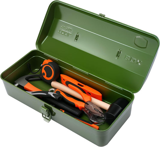 15 Inch Metal Tool Box with Lock - Portable Heavy Duty Workshop Tool Storage Case with Handle, Locking Hardware Organizer Box for Tools, Screws & Parts (Green)