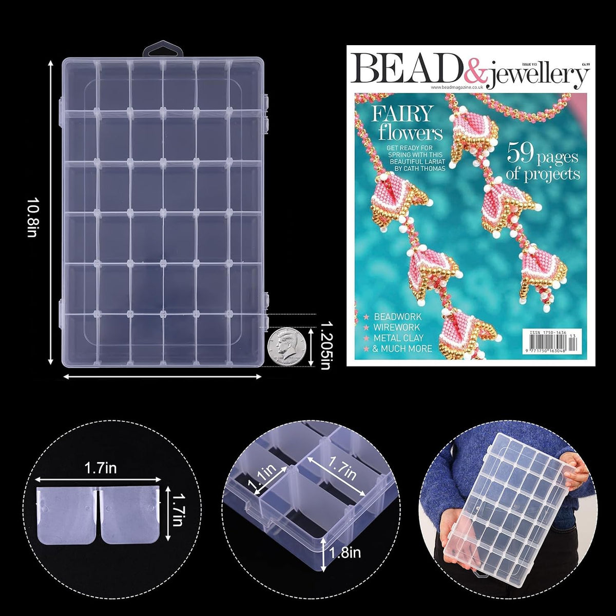Bead Organizer Storage 4 Pack 36 Grid Jewelry Tackle Craft Box Adjustable