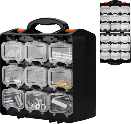 ValueMax Small Parts Organizer Box, Double-Sided Tool Box with 18 Removable Bins, Portable Screw & Parts Storage Case for Nuts, Bolts, and Hardware