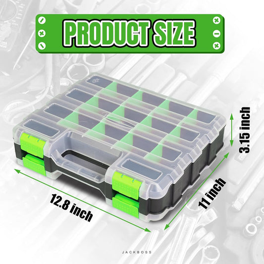Jack Boss Tool Box with Transparent Lid, Double Side 34-Compartments Organizer Box with Removable Dividers for Hardware, Screws, Bolts, Nails, Beads, Jewelry and Fishing Accessories, Green, 2 Pack
