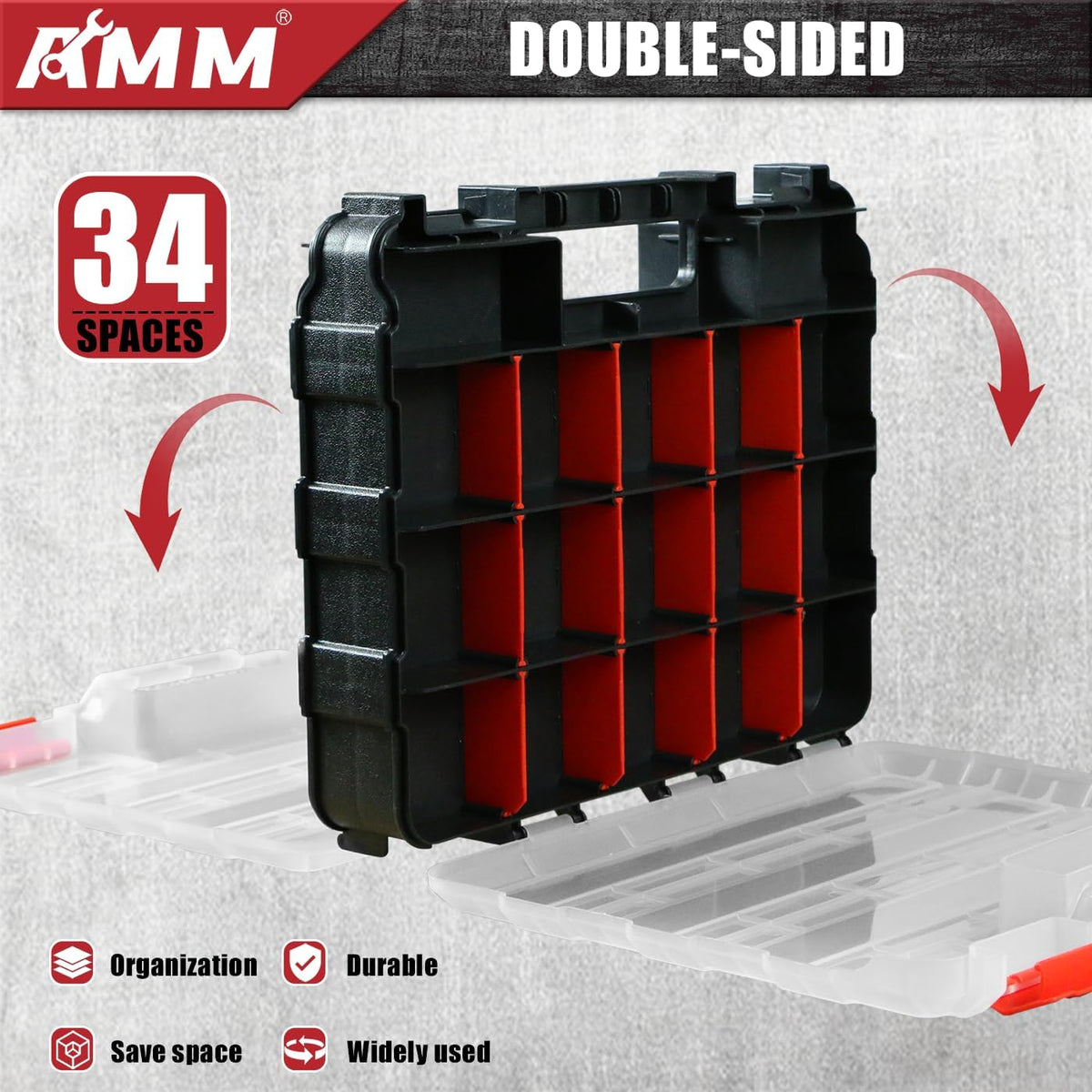 AMM Tool Box, Double Side Tool Box Organizer with 34 Compartments, Removable Dividers, Tackle Box Small Parts Screw Hardware Organizer for Screws, Nuts, Nails and Bolts (2 Piece, Red)