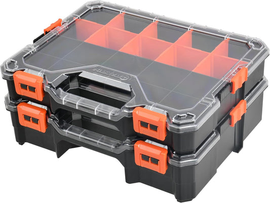 2PC Interlockable Tool Organizer, Toolbox with Adjustable Dividers & Bins & Transparent Lids Portable Hardware Storage Box for Screws, Nuts, Fishing Accessories (Black&Orange)