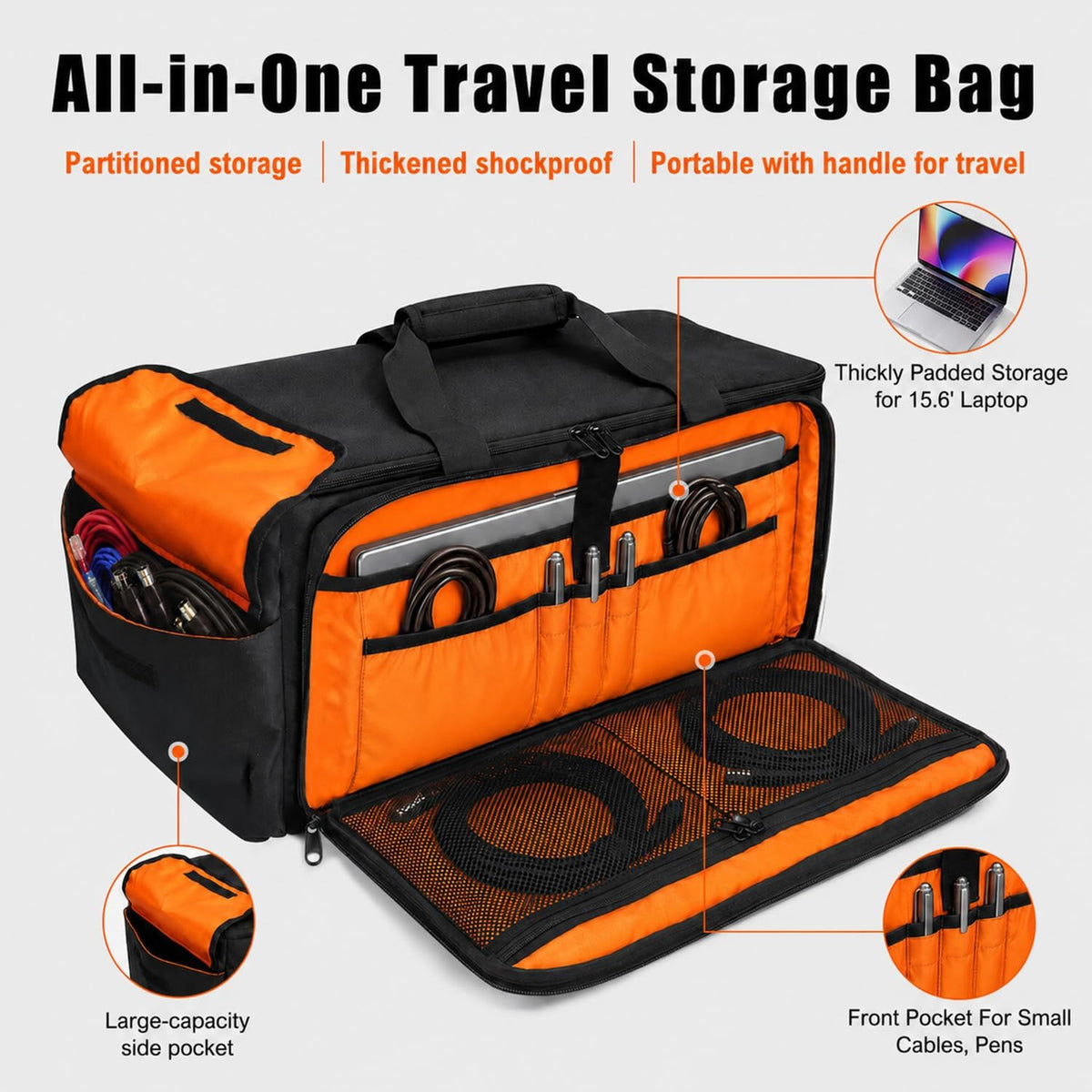 Large DJ Cable Bag Organizer with Laptop Pocket & Adjustable Dividers