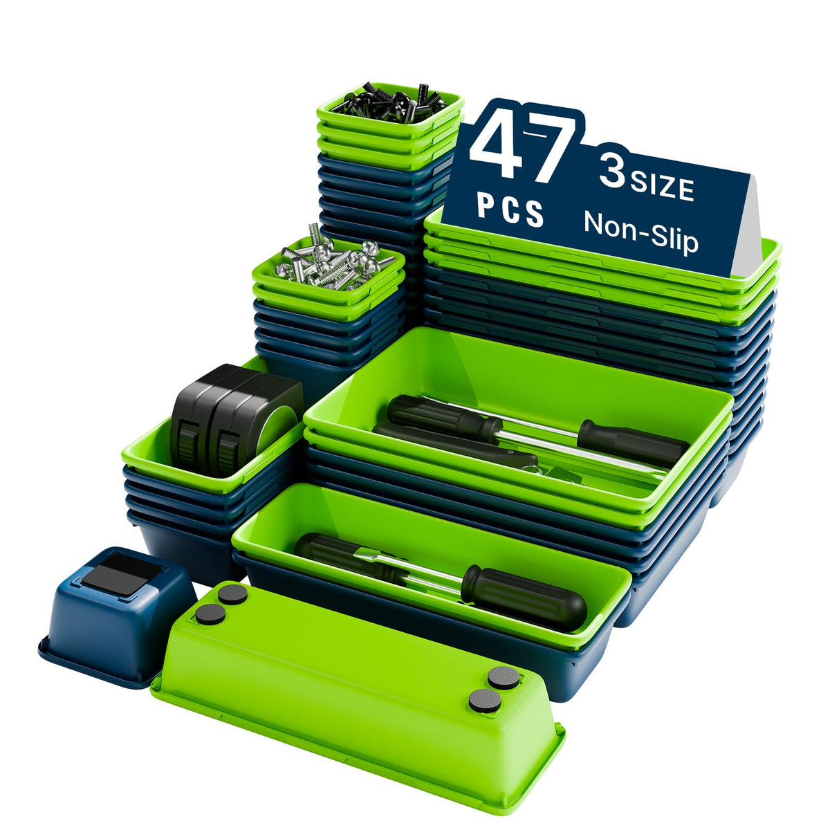 47pcs Tool Box Organizer, Tool Drawer Organizer Trays with Non-slip EVA Pads – Interlocking Divider Set, Fit Garage Storage Desk Drawers & Rooling Tool Cart (Blue & Green 47PCS)