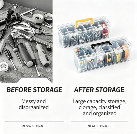 Small Parts Organizer Box with Transparent Lid 2‑Pack, 6-Compartments Movable Organizer Box with for Hardware, Screws, Bolts, Nails, Beads, Jewelry and Fishing Small Accessories, NOT for Large Tools