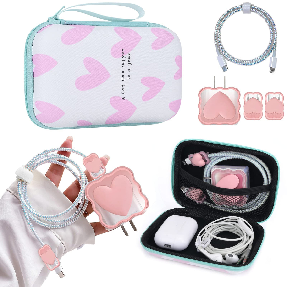 Cute Phone Charger Protector Set with Storage bag Case Yellow Sunflowers Travel Carrying Bag Data Cable 20W USB Charger Data Line Cable Protector Cord Organizer, Lightning Cable Chomper,Charger Saver