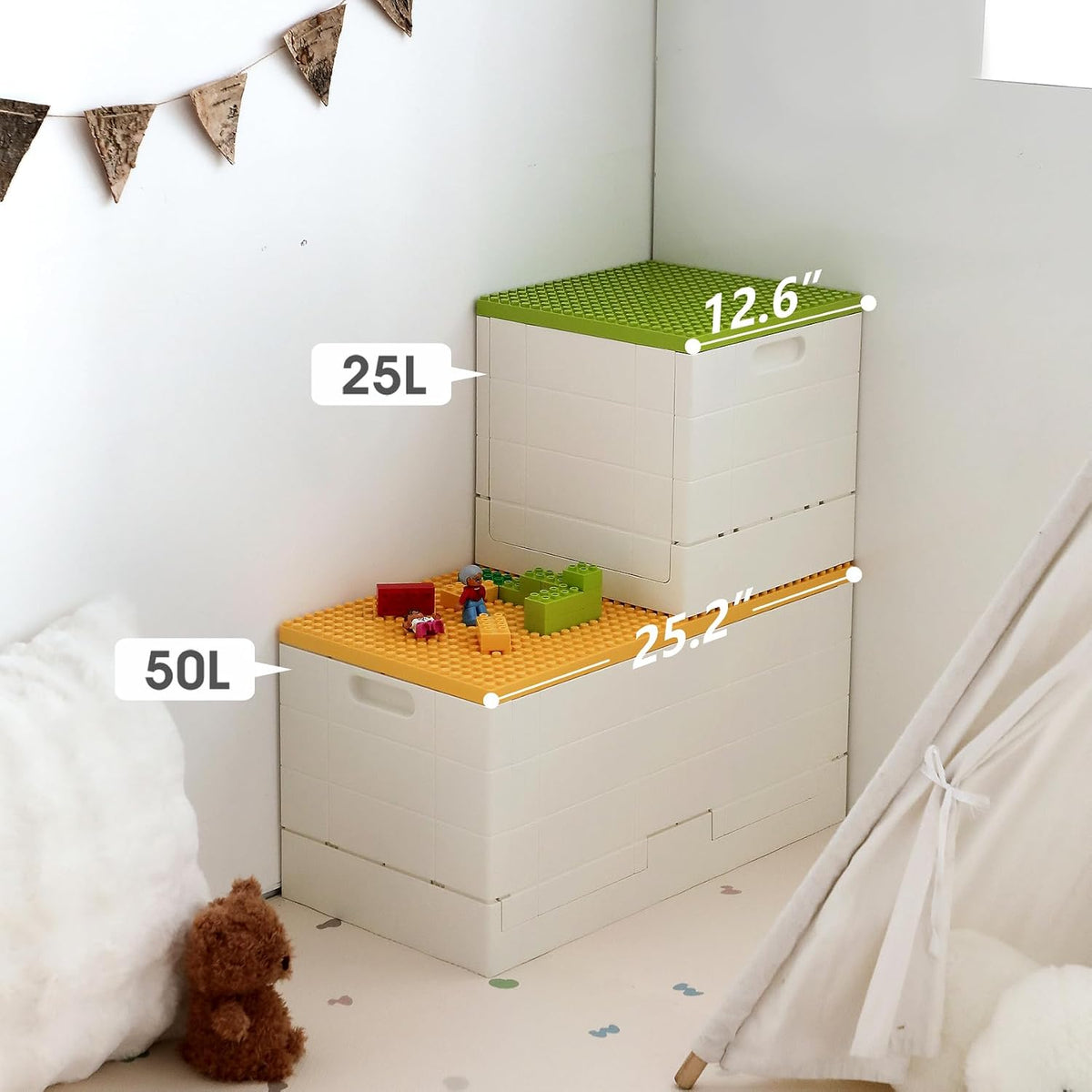 53 Qt. Folding Storage Box with Large Building Lid for Lego Duplo Blocks, 13 Gallon Collapsible Organizer for Lego Bricks (Dark Green)