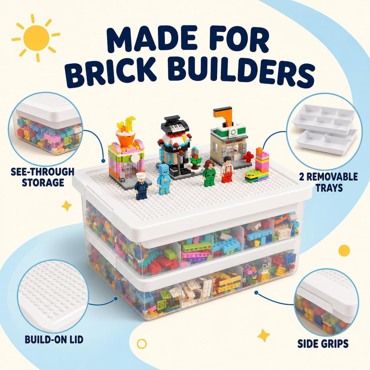 Toy Storage Organizer Box for Lego Bricks with Compatible Building Plate Lid, 3-Layer Removable Sorting Trays, Stackable Plastic Storage Bin, Building Block Organization (1pc-white)