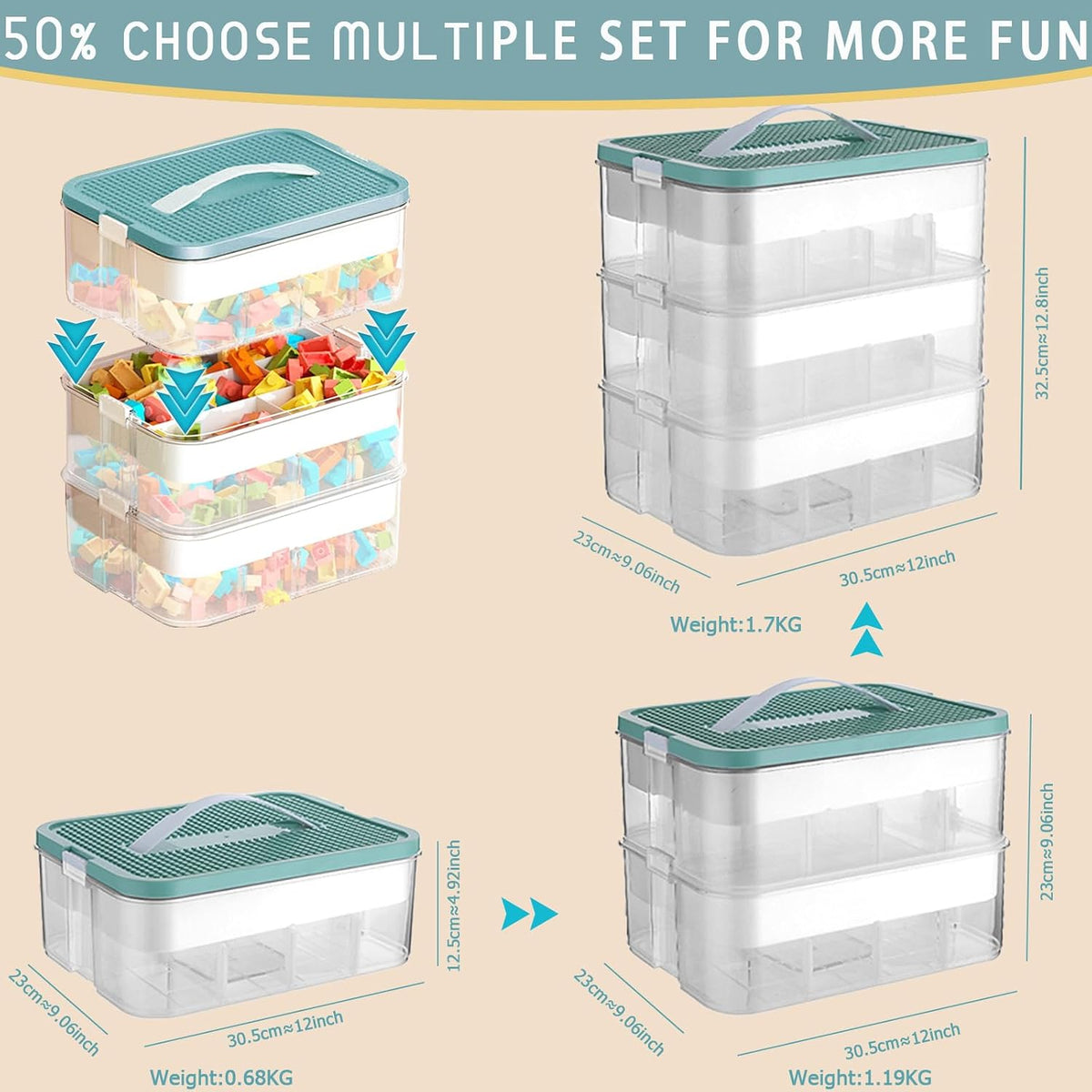 Plastic Storage Organizer for Lego Box Kids Child Toy Stackable Containers with Lids Bins 3 Layers Adjustable Compartments Building Blocks Chest Case