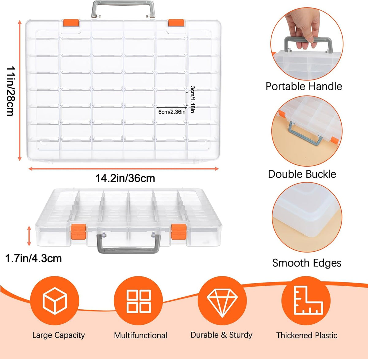 Bluedale 48 Grids Large Plastic Organizer Box with Adjustable Dividers, Beads Storage Containers Compartment Tackle Box Case for Crafts Hobby Small Parts Fishing Seeds Jewelry (Transparent)