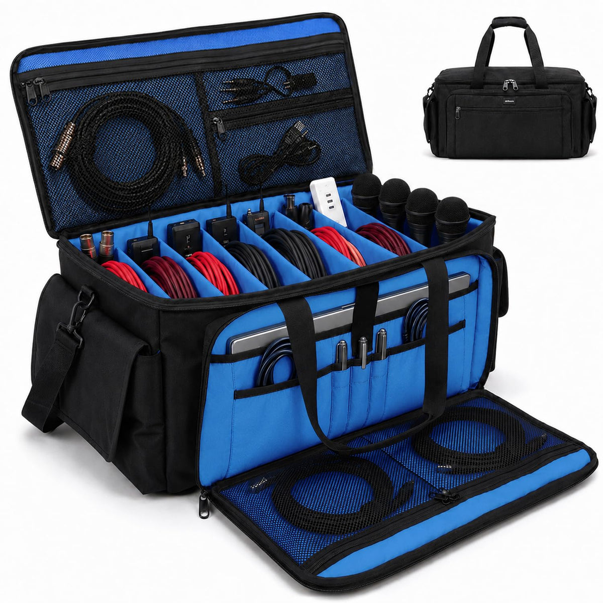 Large DJ Cable Bag Organizer with Laptop Pocket & Adjustable Dividers