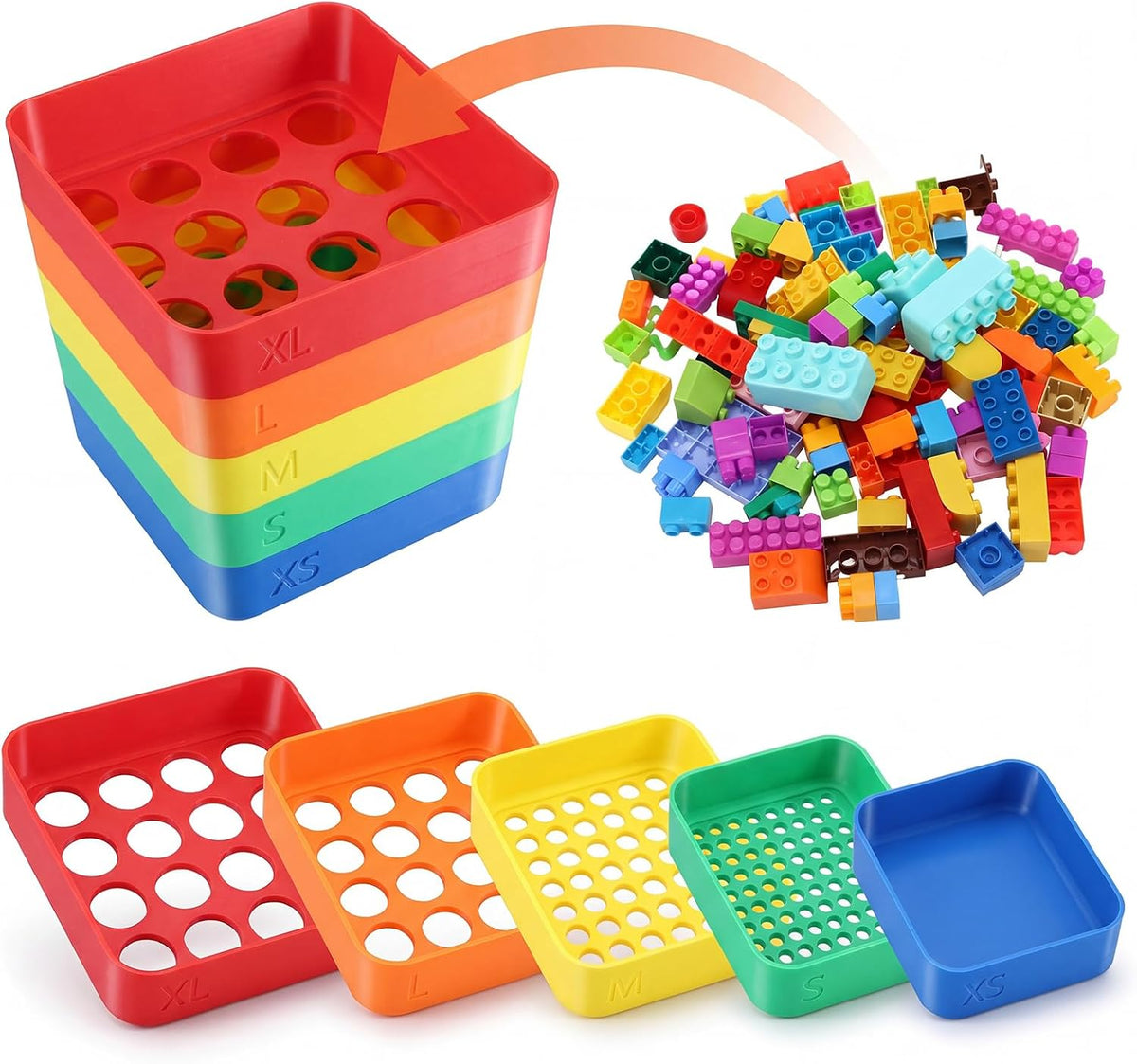 Rtteri 5 Pack Stackable Sorting Trays with 5 Sizes Holes, Classic, Rainbow