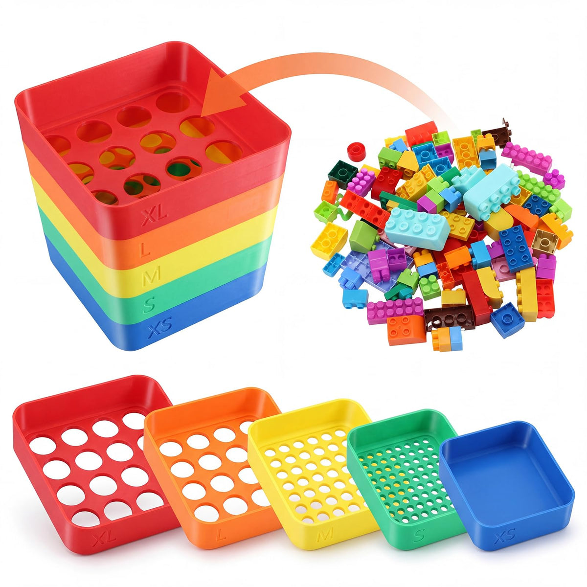 Rtteri 5 Pack Stackable Sorting Trays with 5 Sizes Holes, Classic, Rainbow