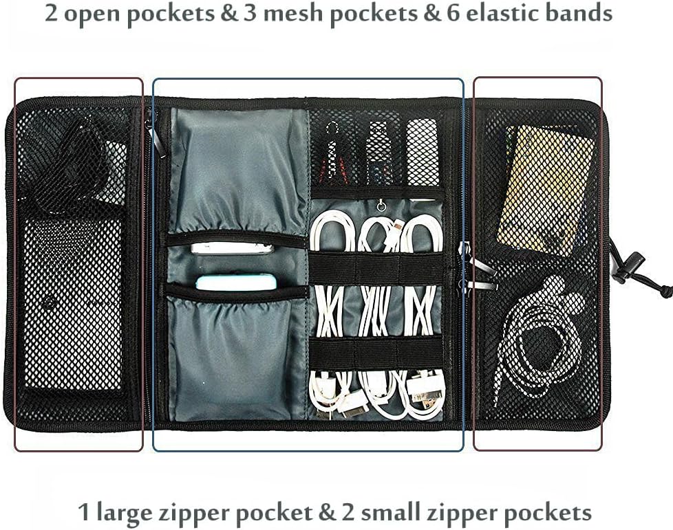 ProCase Electronic Organizer Cord Pouch, Travel Cable Charger Phone Accessories Bag Organizer Roll up Tech Carrying Case for USB Cables SD Memory Cards Earphone Flash Hard Drive –Black