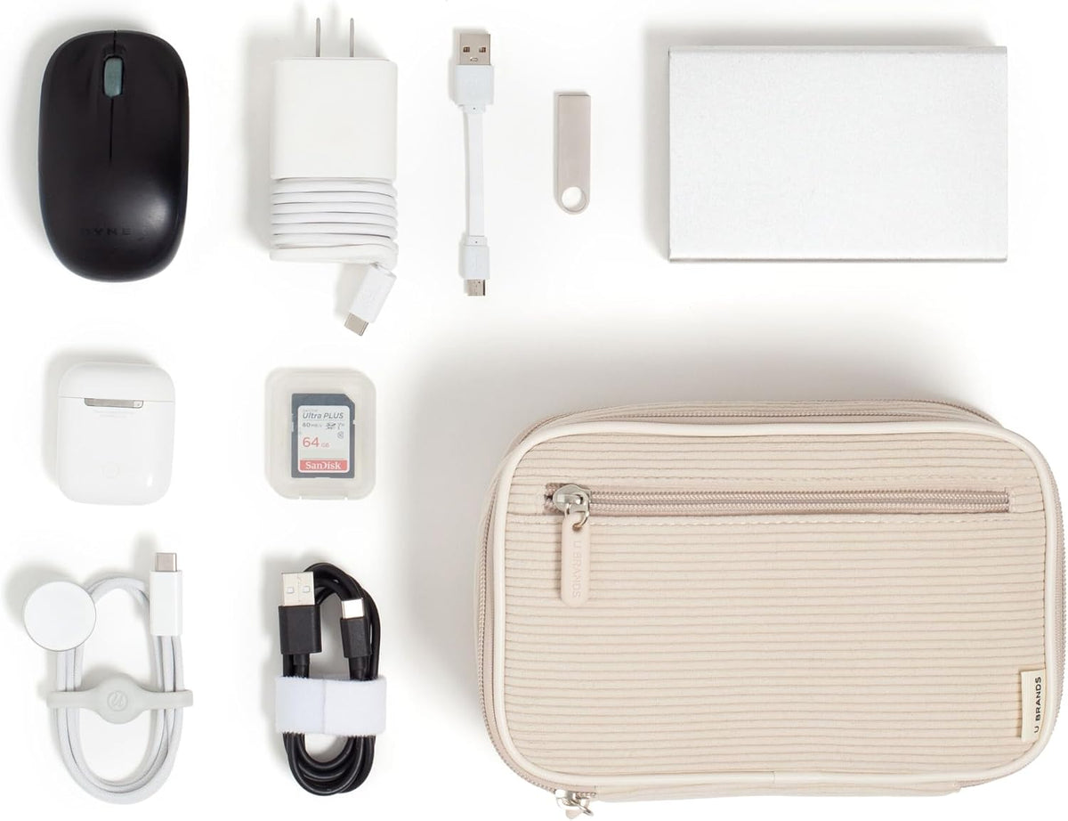 U Brands Electronics Organizer Travel Case, Cord Storage, 8" x 5.25", Beige