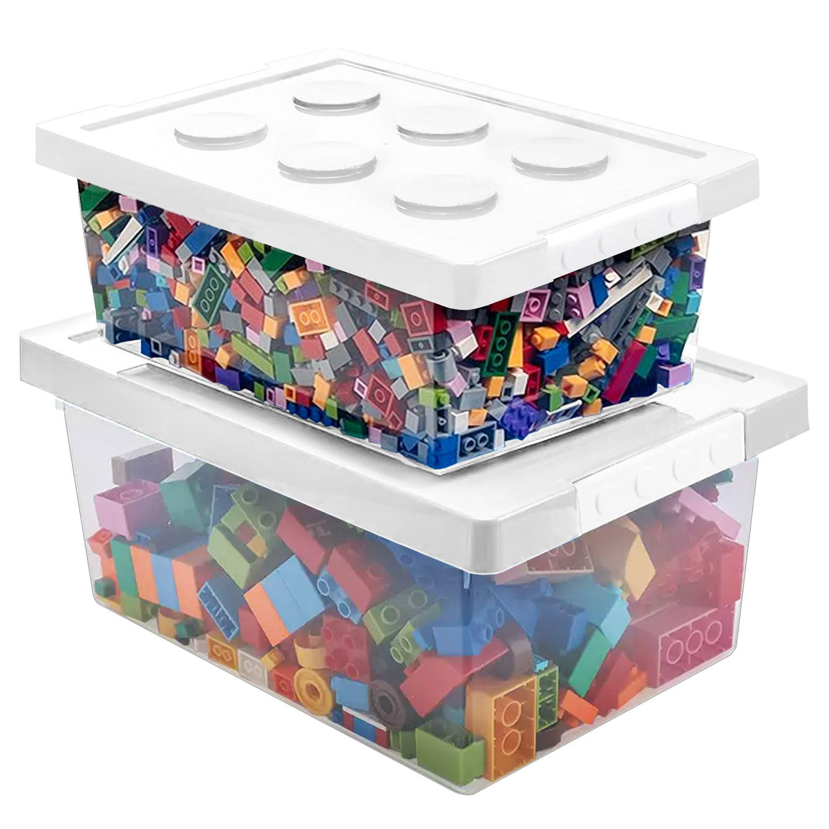 Plastic Storage Bins with Lids - Stackable Toy Storage Organizer Box Set of 2, Toy Chests with Compatible Building Baseplate and Lid, Storage Container for Building Bricks - Red+Blue