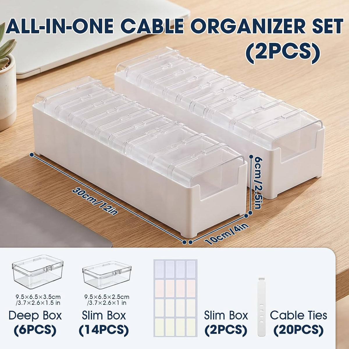 ARVOK 2 Sets Cable Cord Organizer Box with 20 Adjustable Compartments