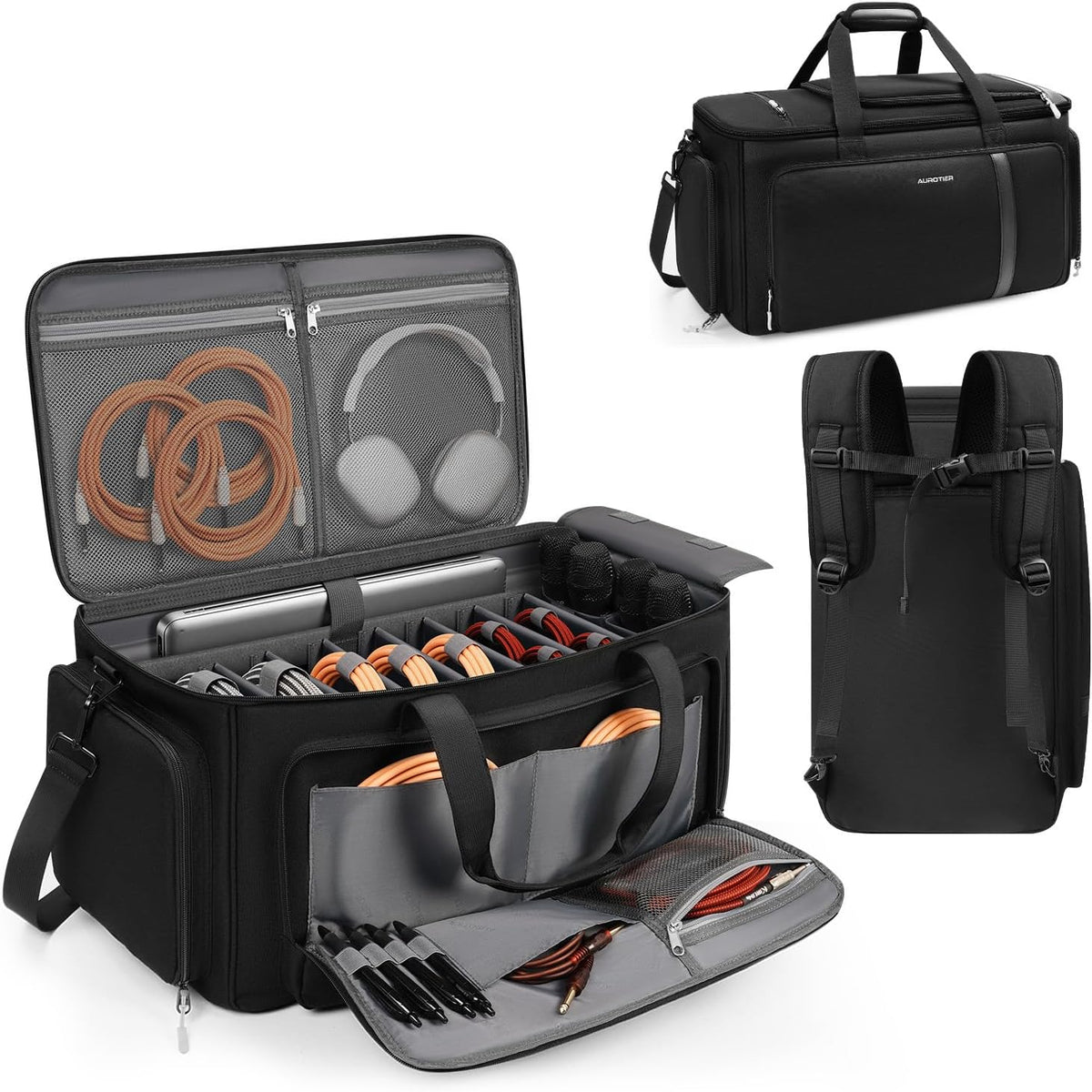 Large DJ Cable Organizer Bag, Padded Gig Bag with 8 Detachable Divider, Travel DJ Mixer Backpack for Musicians, Professional Multi-Pocket for 17" Laptop, Microphone, Cord, Headset & Music Accessories