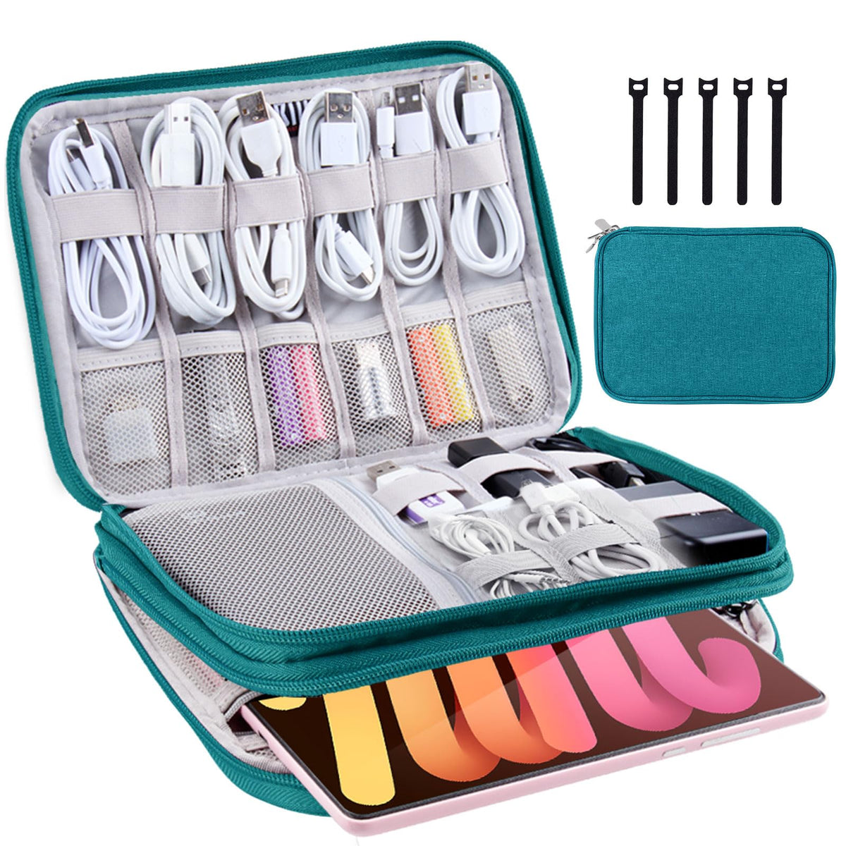 Electronics Organizer Travel Case Cord Cable Charger Organizer Bag Travel Accessories Essentials for Women Men Double Layers Tech Pouch with 5 Cable Ties for Phone Power Bank SD Card USB, Black
