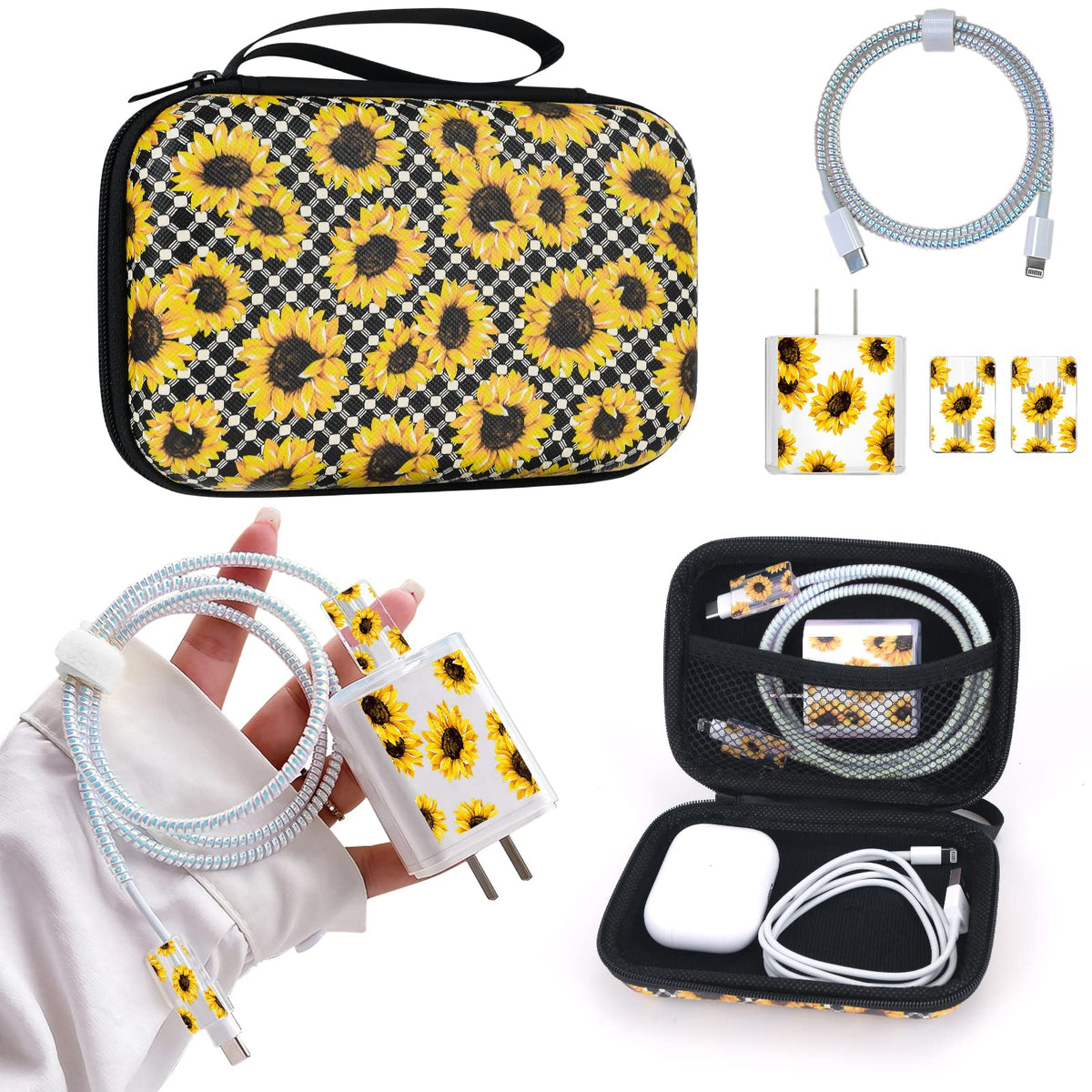Cute Phone Charger Protector Set with Storage bag Case Yellow Sunflowers Travel Carrying Bag Data Cable 20W USB Charger Data Line Cable Protector Cord Organizer, Lightning Cable Chomper,Charger Saver