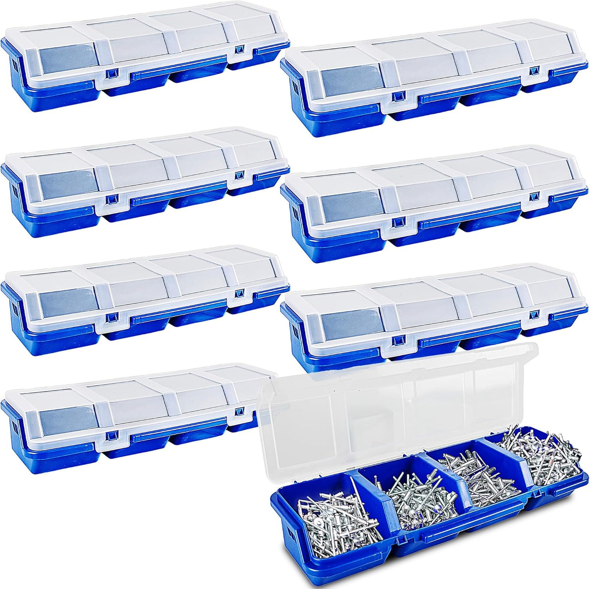8 Pcs Screw Organizer Box Screw Parts Box with 4 Compartments Translucent Lid Tool Bins Plastic Parts Organizer for Hardware Garage Workbench Craft Organizing Storage