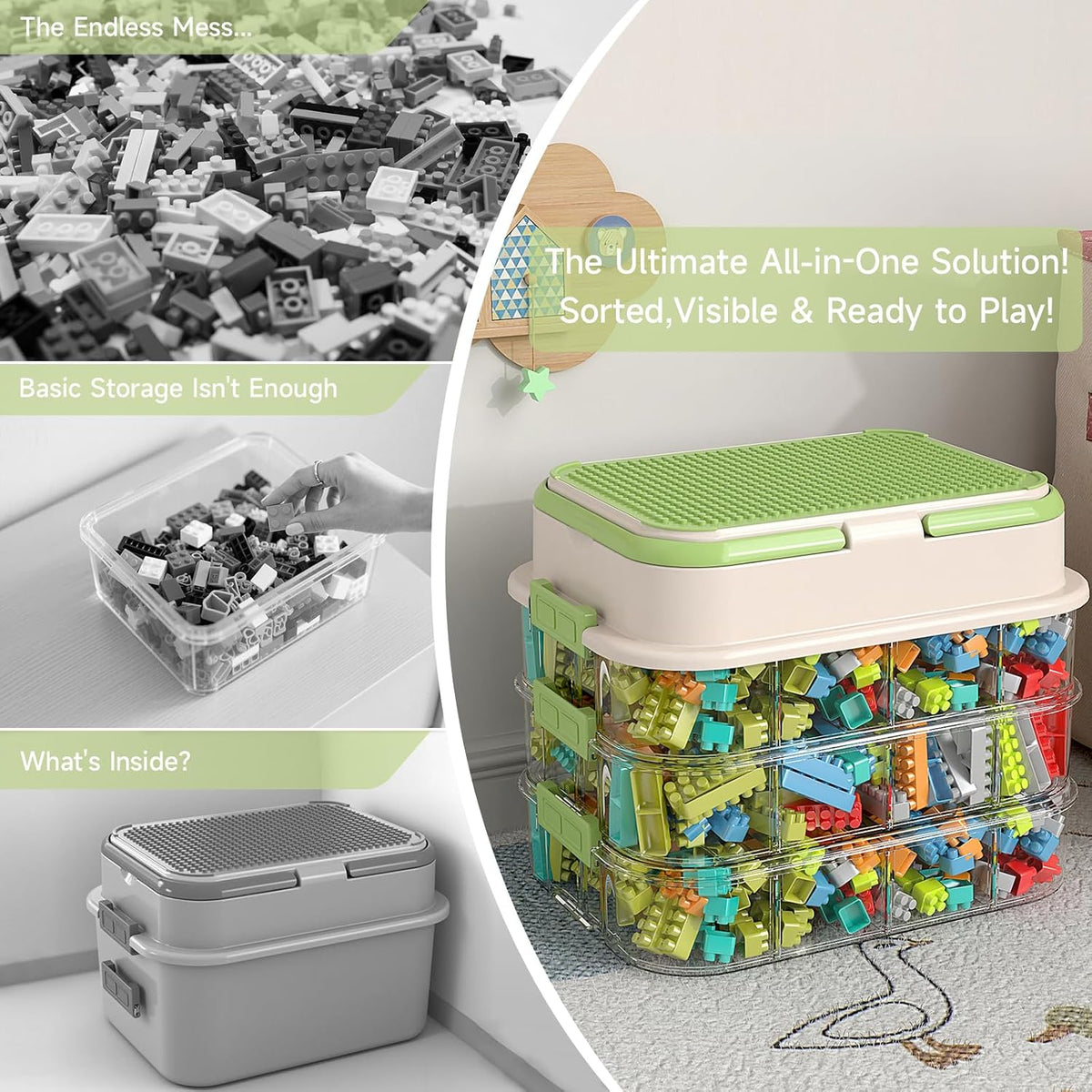 joyingbaby Toy Storage Organizer Box with Handle, Stackable Building Block Toy Box with Building Plate Lid & Removable Sorting Trays, Cubby Bins and Containers 3 Layer (Green)