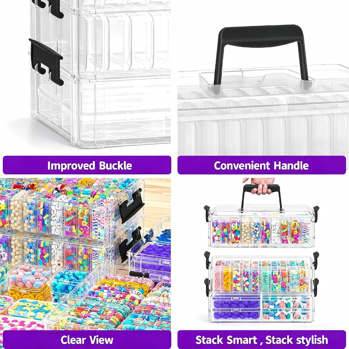 Bead Organizer Box 58 Pcs, 3-Tier Stackable Storage Box, and 3 Different Container Sizes Small Plastic Containers with Lids, Portability, Clear Organizers for Jewelry DIY Craft Storage