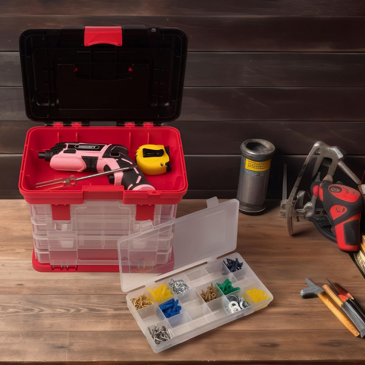 Stalwart Portable Tool Box Small Parts Organizer with Drawers, Red