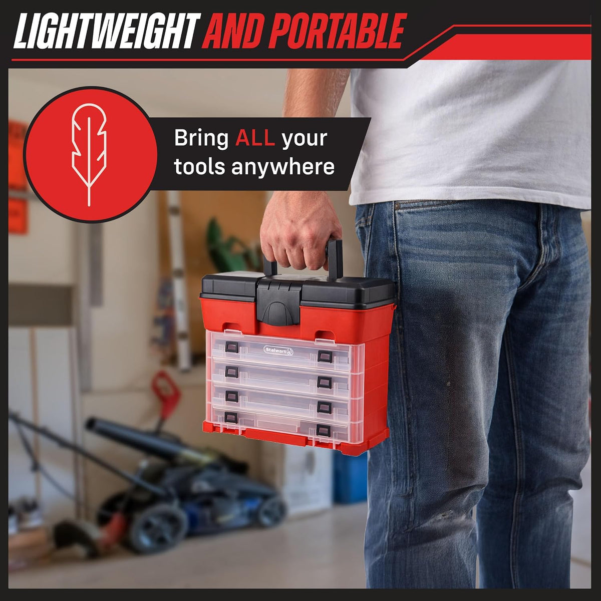 Small Parts Organizer Box - 11-Inch Portable Storage Case with 4 Removable Multi-Compartment Trays for Screws, Beads, Small Fishing Tackle, Hardware, and Craft Supplies by Stalwart (Red)