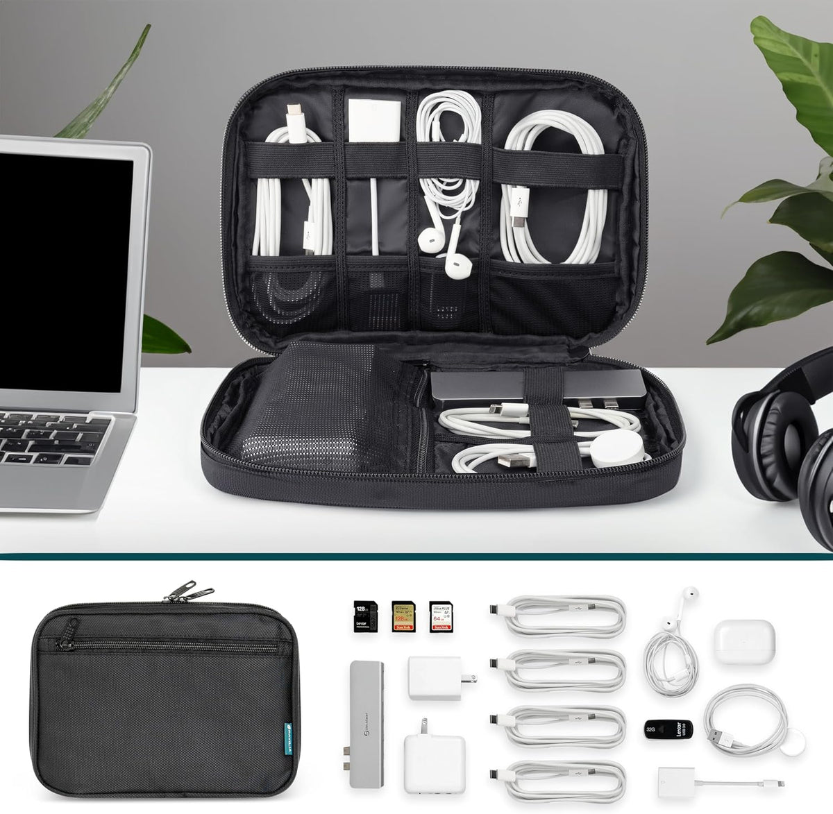 PAVILIA Travel Cord Organizer Case, Electronics Organizer Bag, Black