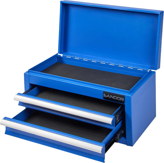 Mini Tool Box - Metal Tool Chest with 2 Drawers & PVC Drawer Liners - Blue