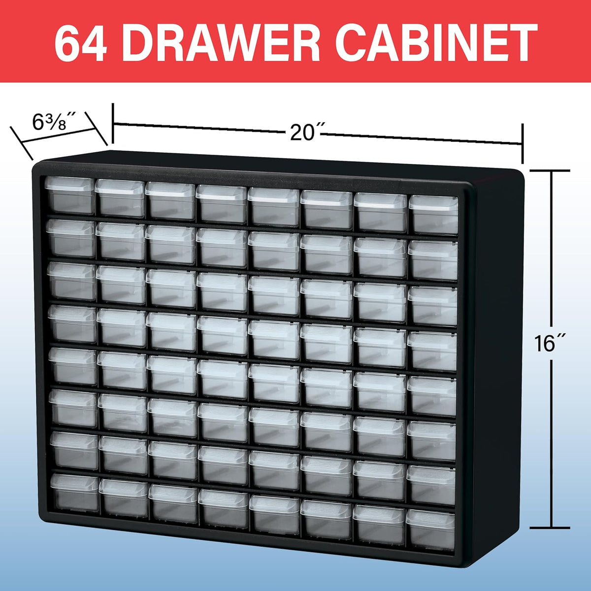 Akro-Mils 10164, 64 Drawer Plastic Parts Storage Hardware and Craft Cabinet, 20-Inch W x 6-Inch D x 16-Inch H, Black