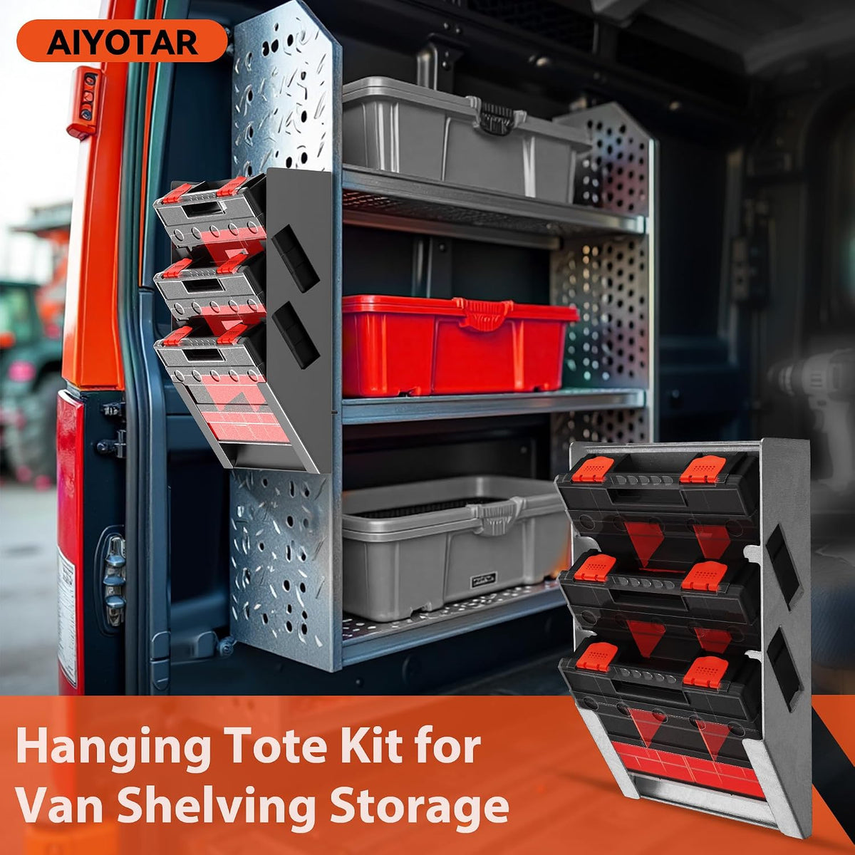 Hanging Tote Kit for Van Shelving Storage, Work Van Organizers and Storage Boxes, 3 Small Parts Tool Box Organizer 63 Compartments and 1 Metal Hanging Organizer Holder, Van Shelf Accessories
