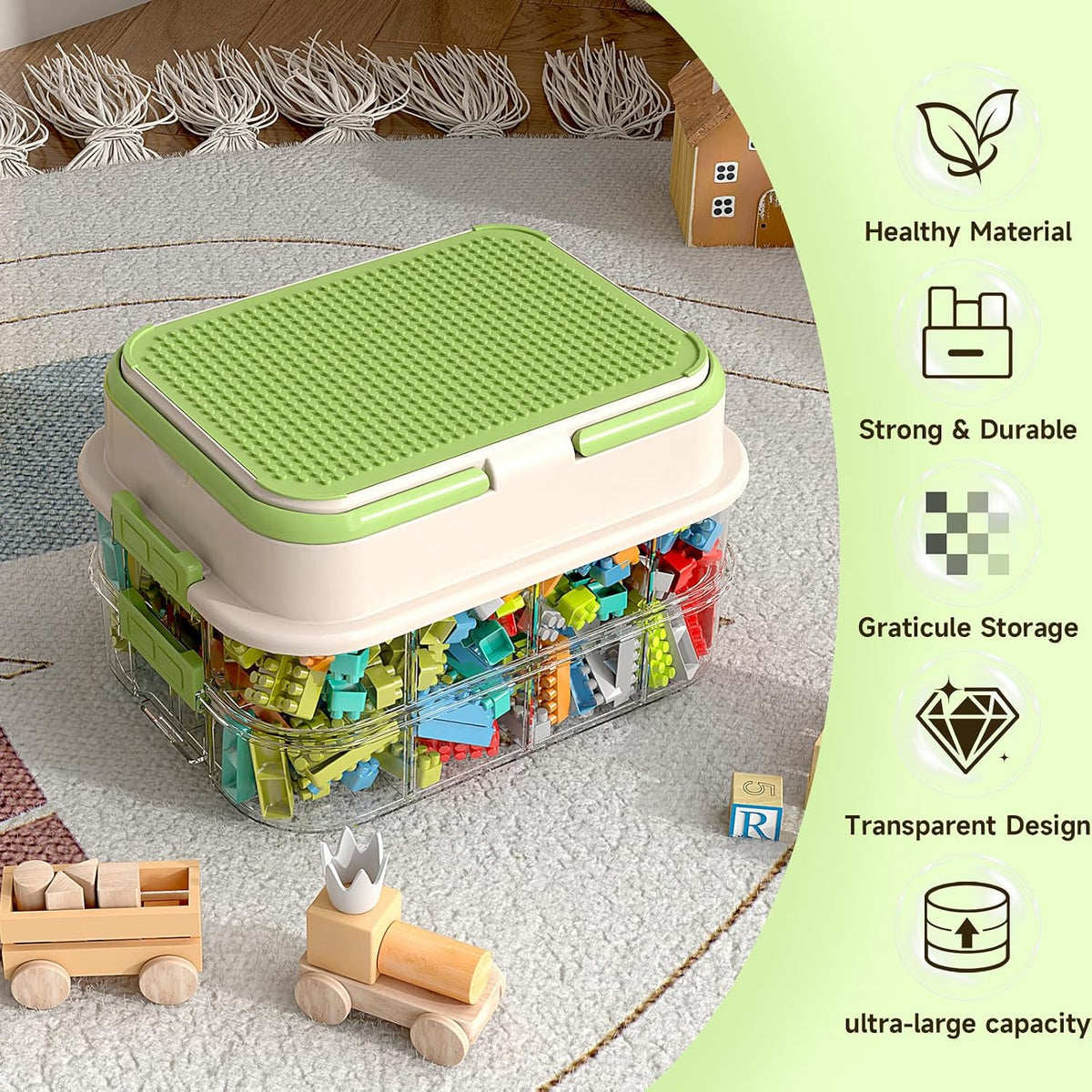 joyingbaby Toy Storage Organizer Box with Handle, Stackable Building Block Toy Box with Building Plate Lid & Removable Sorting Trays, Cubby Bins and Containers 3 Layer (Green)