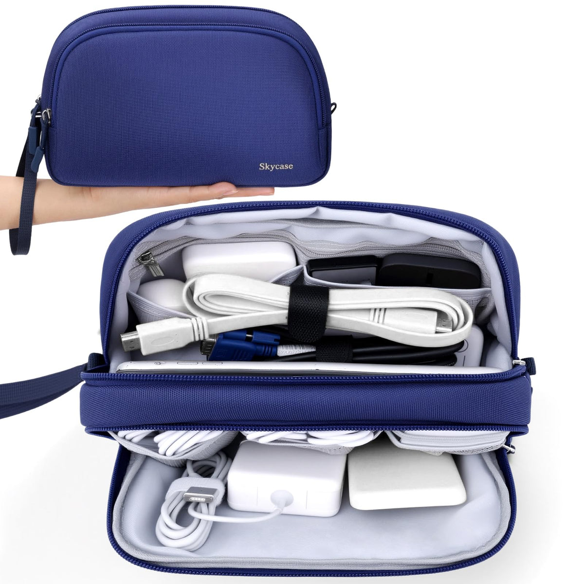Skycase Electronics Travel Organizer 9 Compartment Dual Layer Tech Pouch Lightweight Water Resistant Travel Cable Organizer Bag for Chargers Cords Phone Power Bank Tech Essentials and Daily Items