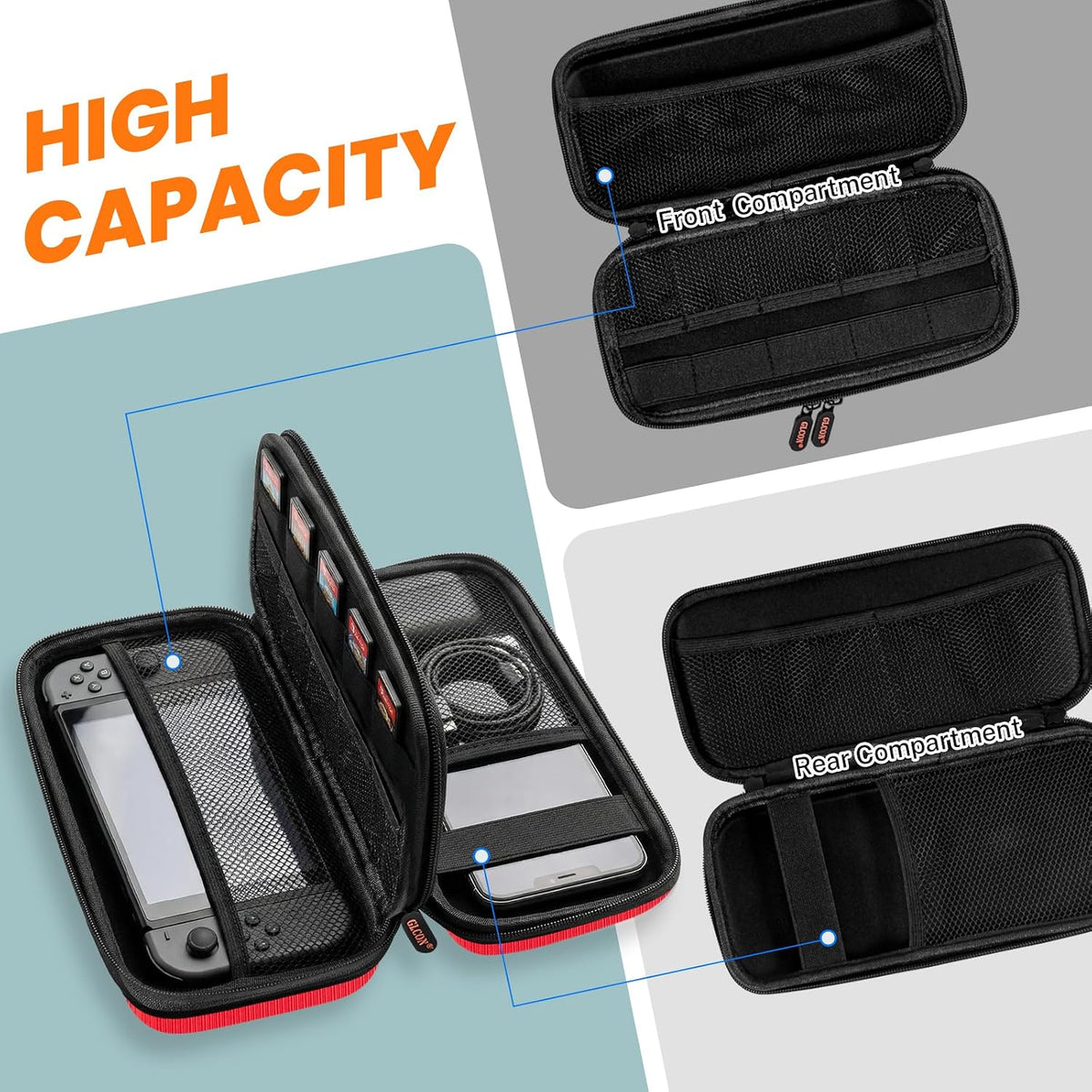 Red Double-Layer Hard Carrying Case, Electronics Organizer Travel Pouch