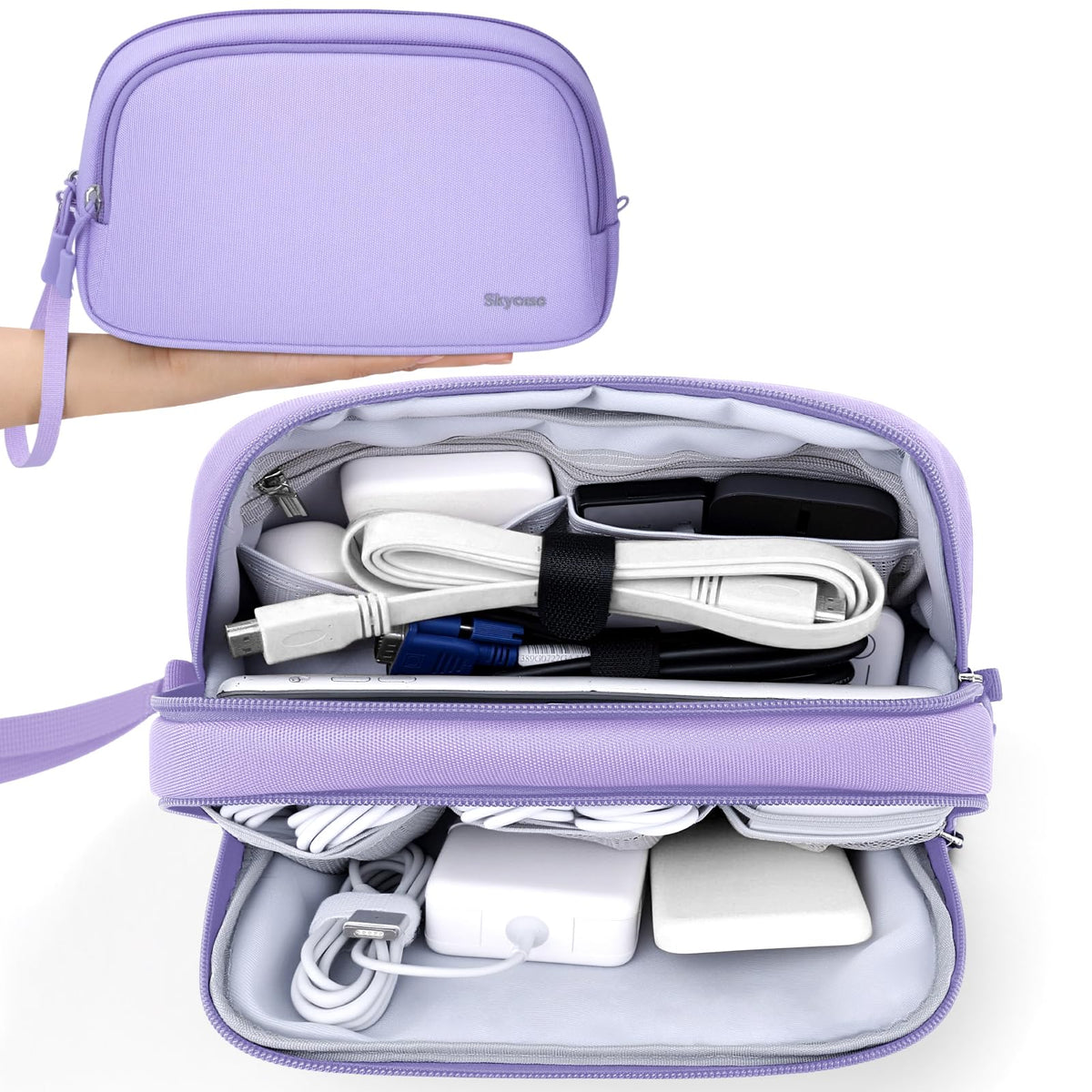 Skycase Electronics Travel Organizer 9 Compartment Dual Layer Tech Pouch Lightweight Water Resistant Travel Cable Organizer Bag for Chargers Cords Phone Power Bank Tech Essentials and Daily Items