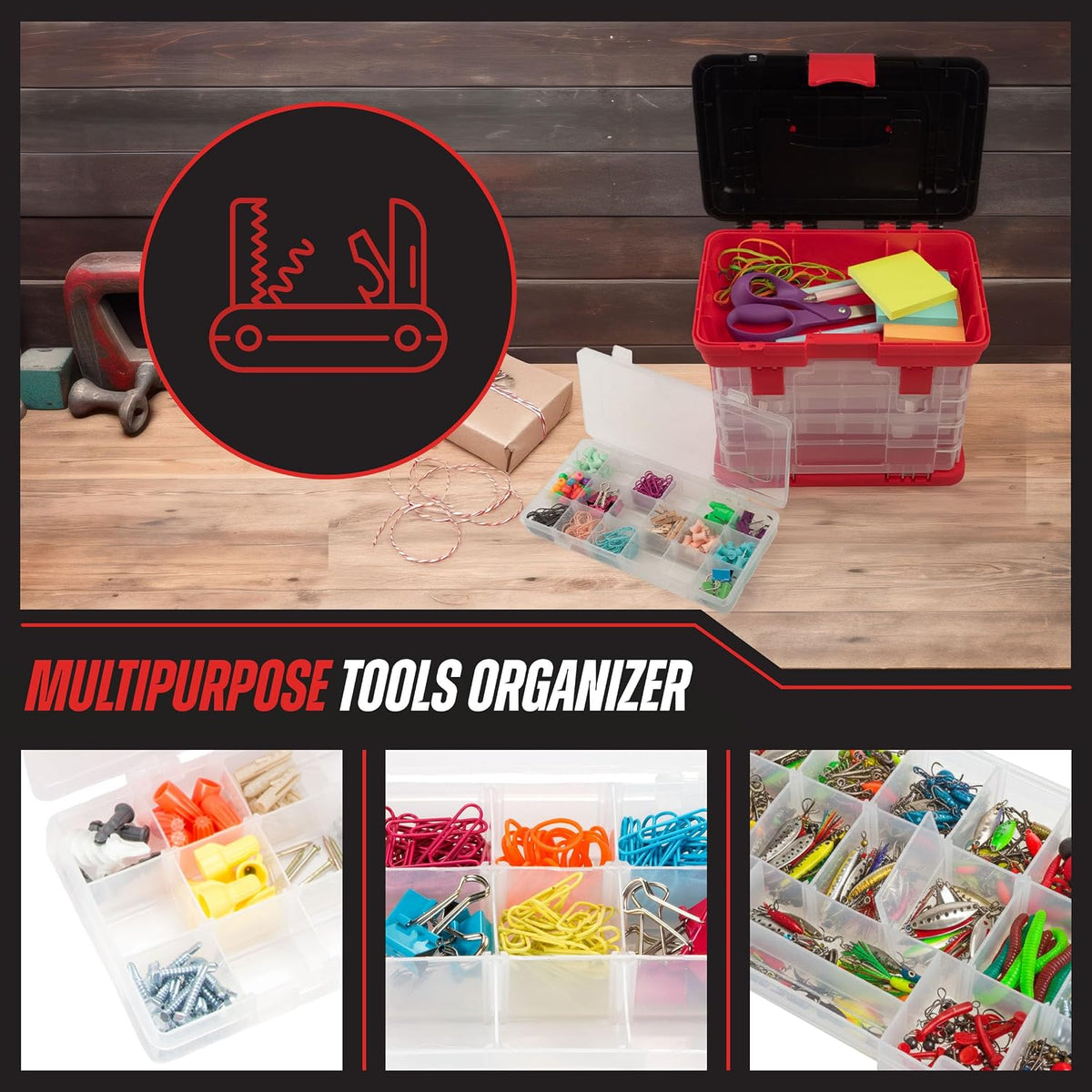 Stalwart Portable Tool Box Small Parts Organizer with Drawers, Red