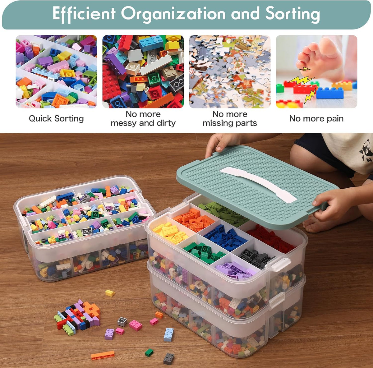 Douorgan Toy Storage Organizer for Lego Stackable Organizer Bins with Compartments Portable Containers with Lids Building Blocks Miniature Organizer Storage Box Toy Chest Case (1 Layer)