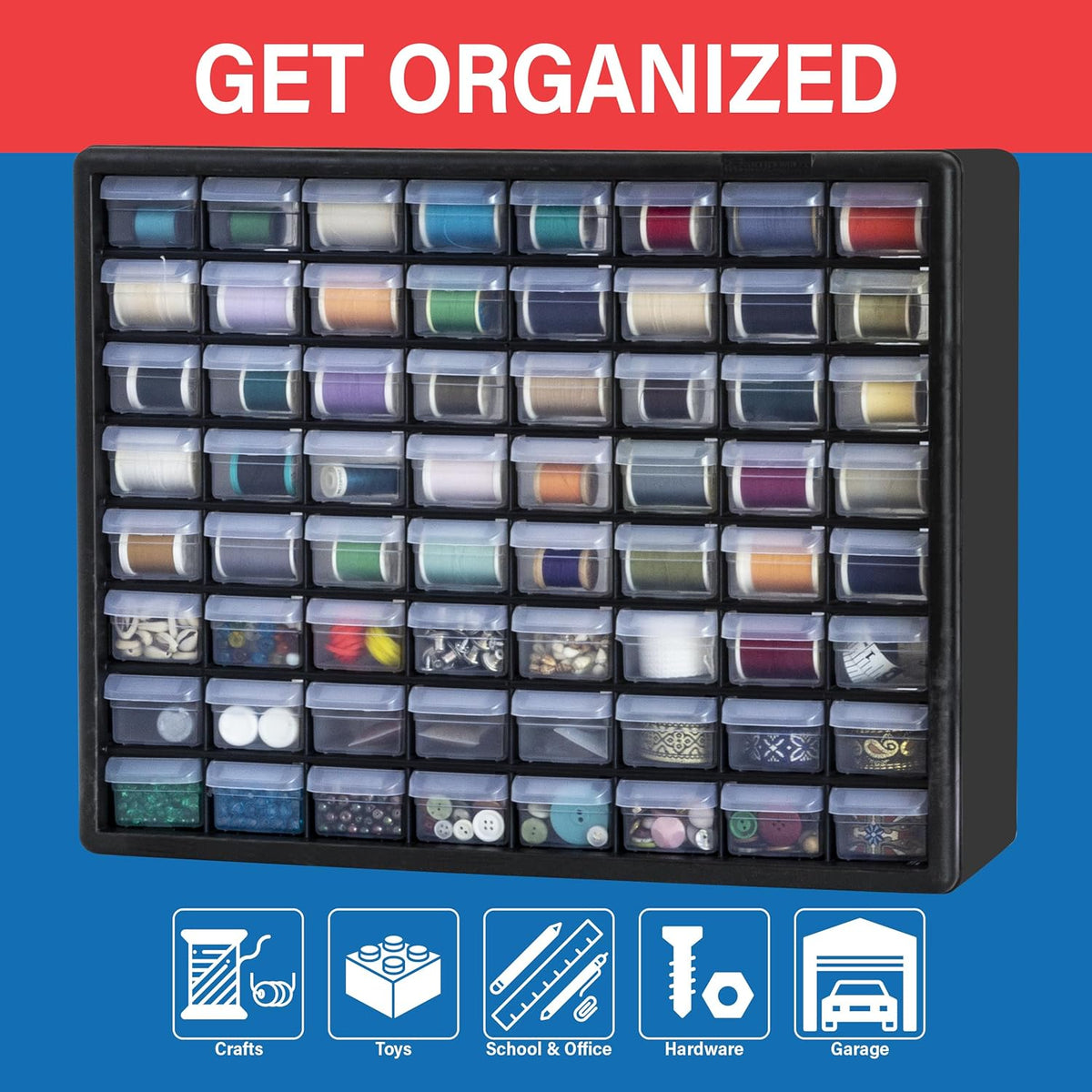 Akro-Mils 10164, 64 Drawer Plastic Parts Storage Hardware and Craft Cabinet, 20-Inch W x 6-Inch D x 16-Inch H, Black