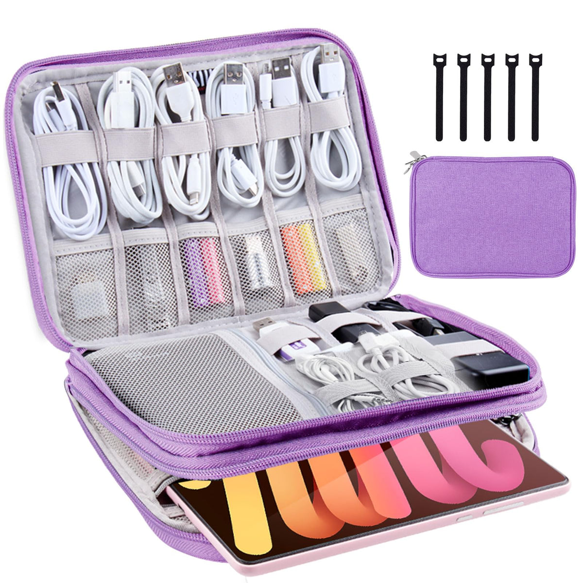 Electronics Organizer Travel Case Cord Cable Charger Organizer Bag Travel Accessories Essentials for Women Men Double Layers Tech Pouch with 5 Cable Ties for Phone Power Bank SD Card USB, Black