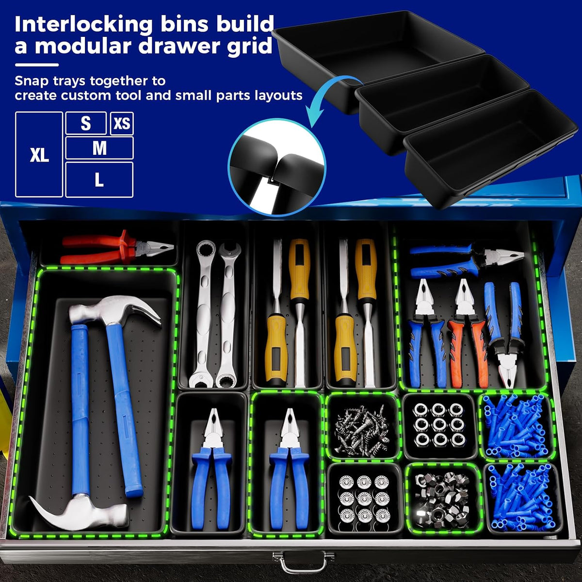 70 PCS Tool Box Organizer Tray & Desk Drawer Organizer Set, 5 Size Interlocking Bins for Garage Tool Storage, Mechanic Tool Chest, Rolling Cart, Workbench Drawers with EVA Non Slip Pads