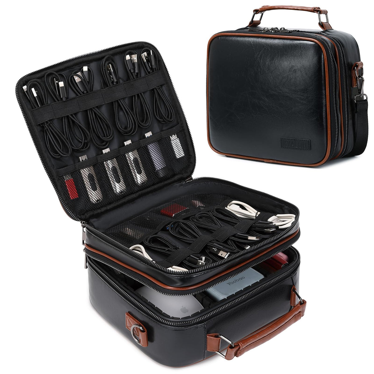 KYALOU Electronics Travel Organizer, Large Electronic Accessories Cable Case with Adjustable Dividers, Waterproof Tech Storage Bag Gifts with Double Layers for Cord, Charger, Power Bank - Brown