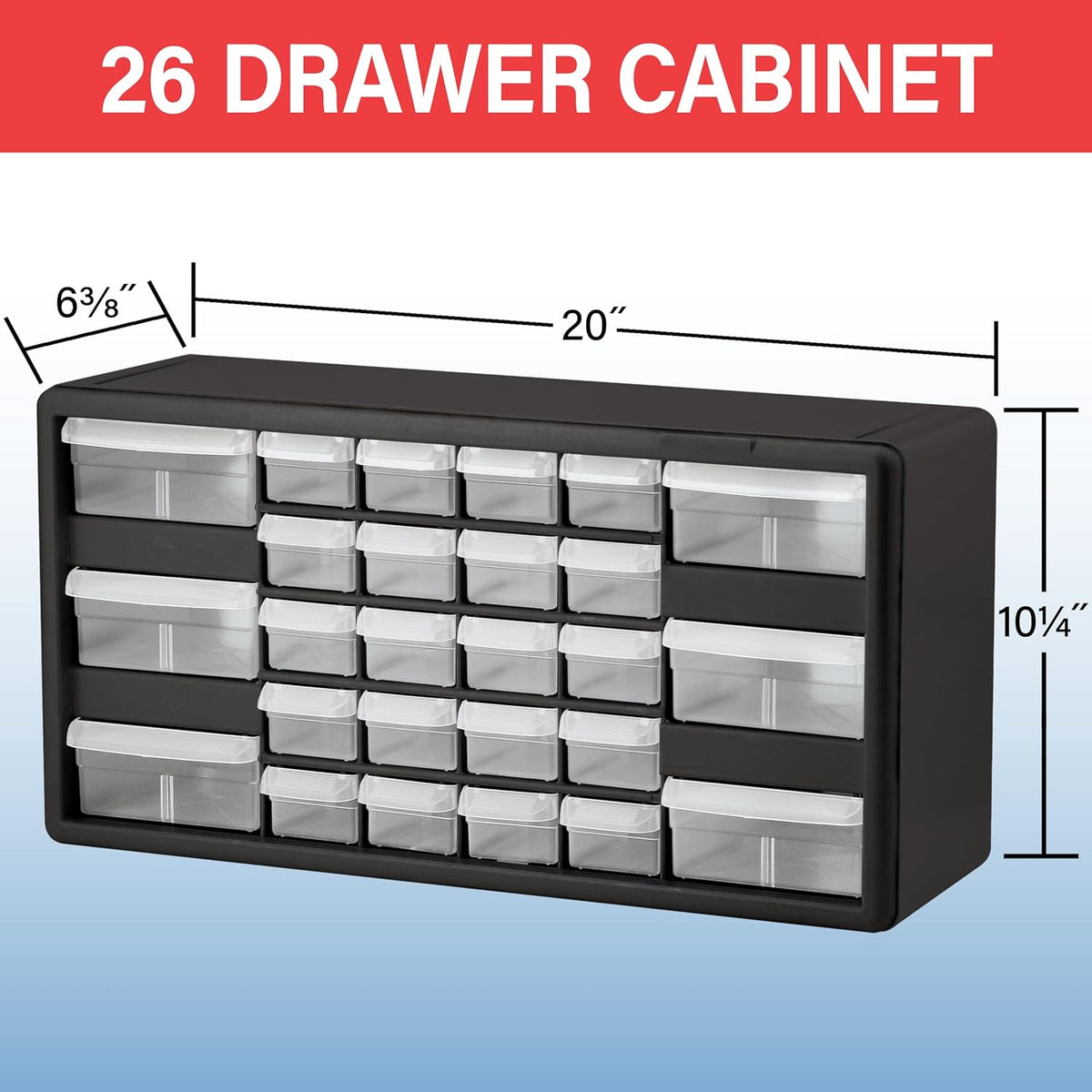 Akro-Mils 10126, 26 Drawer Plastic Parts Storage Hardware and Craft Cabinet, 20-Inch W x 6-Inch D x 10-Inch H, Red